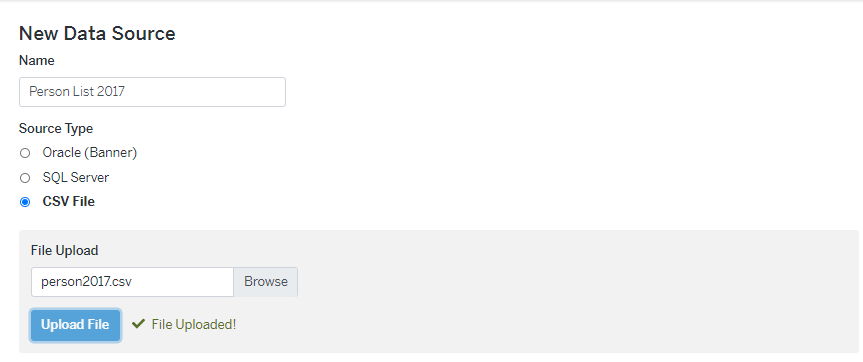 The Add Data Source page showing upload of a CSV file to use for an historical entity. 